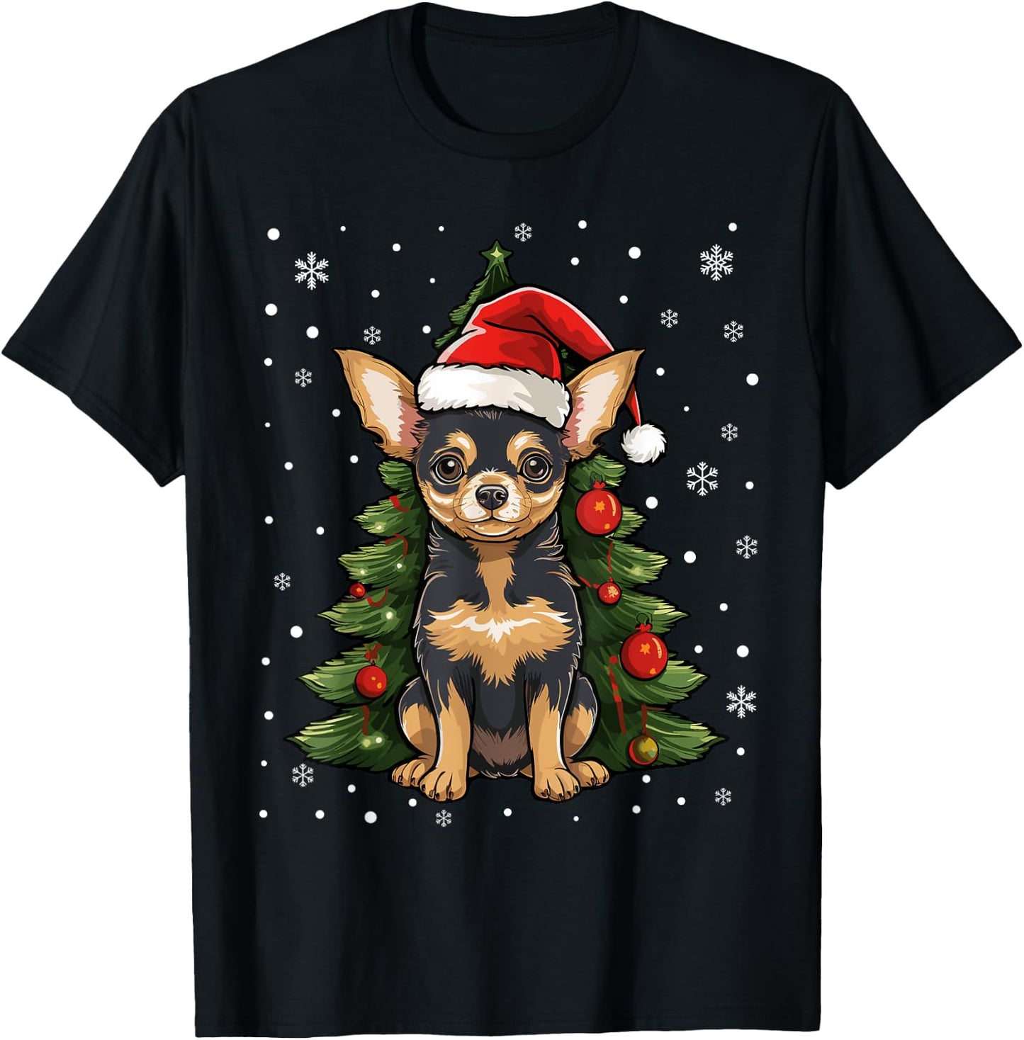 Chihuahua Dog Christmas Tree Santa Hat Xmas Pajama T-Shirt - T-Shirt | Black