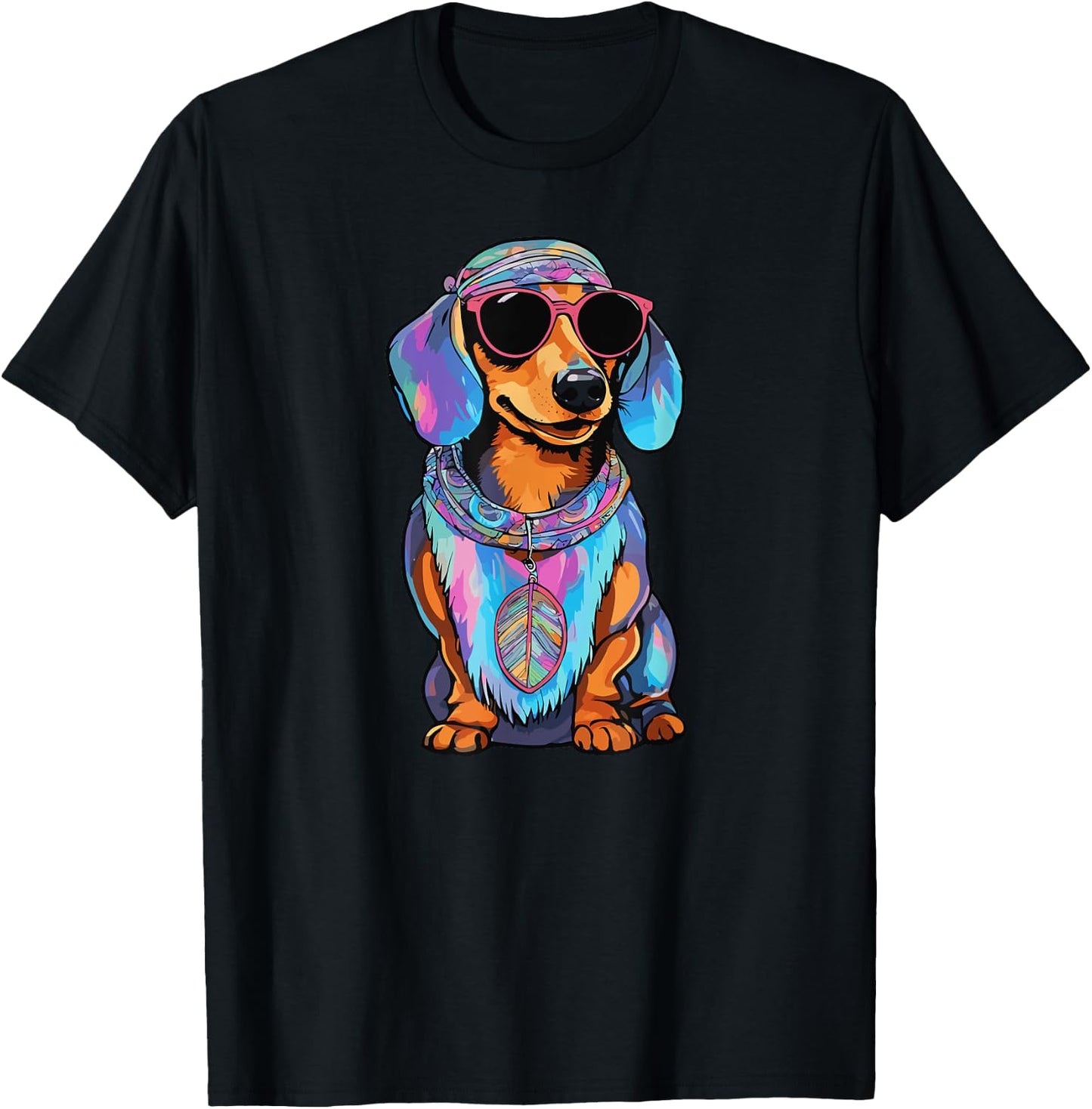 Colorful Tie Dye Hippie Dachshund Dog Wearing Sunglasses Men Women Girls Kids T-Shirt - T-Shirt | Black