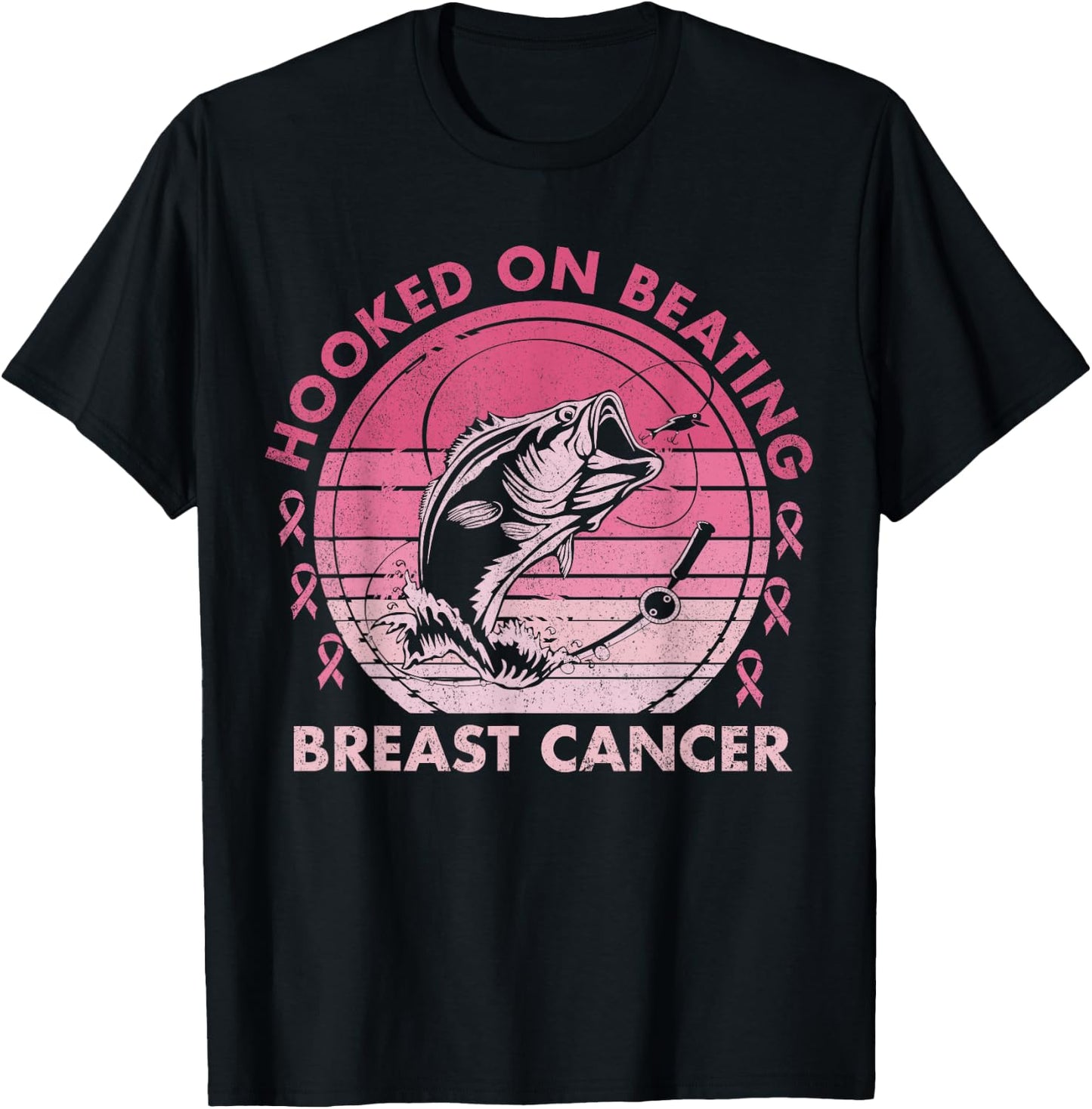 Hooked on Beating Breast Cancer Awareness Fishing Vintage T-Shirt - T-Shirt | Black