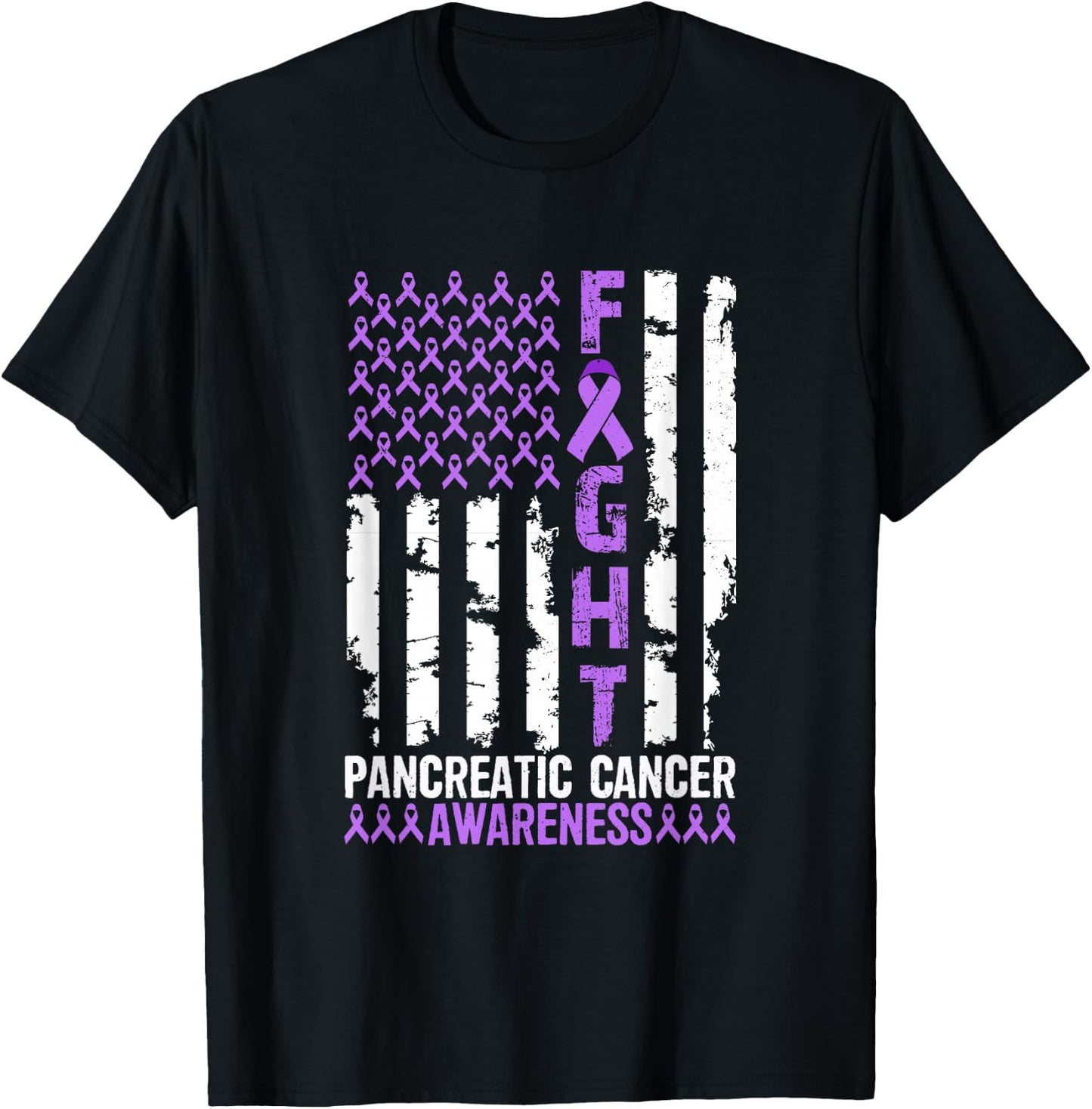 Fight Flag Purple Ribbon Support Pancreatic Cancer Awareness T-Shirt - T-Shirt | Black