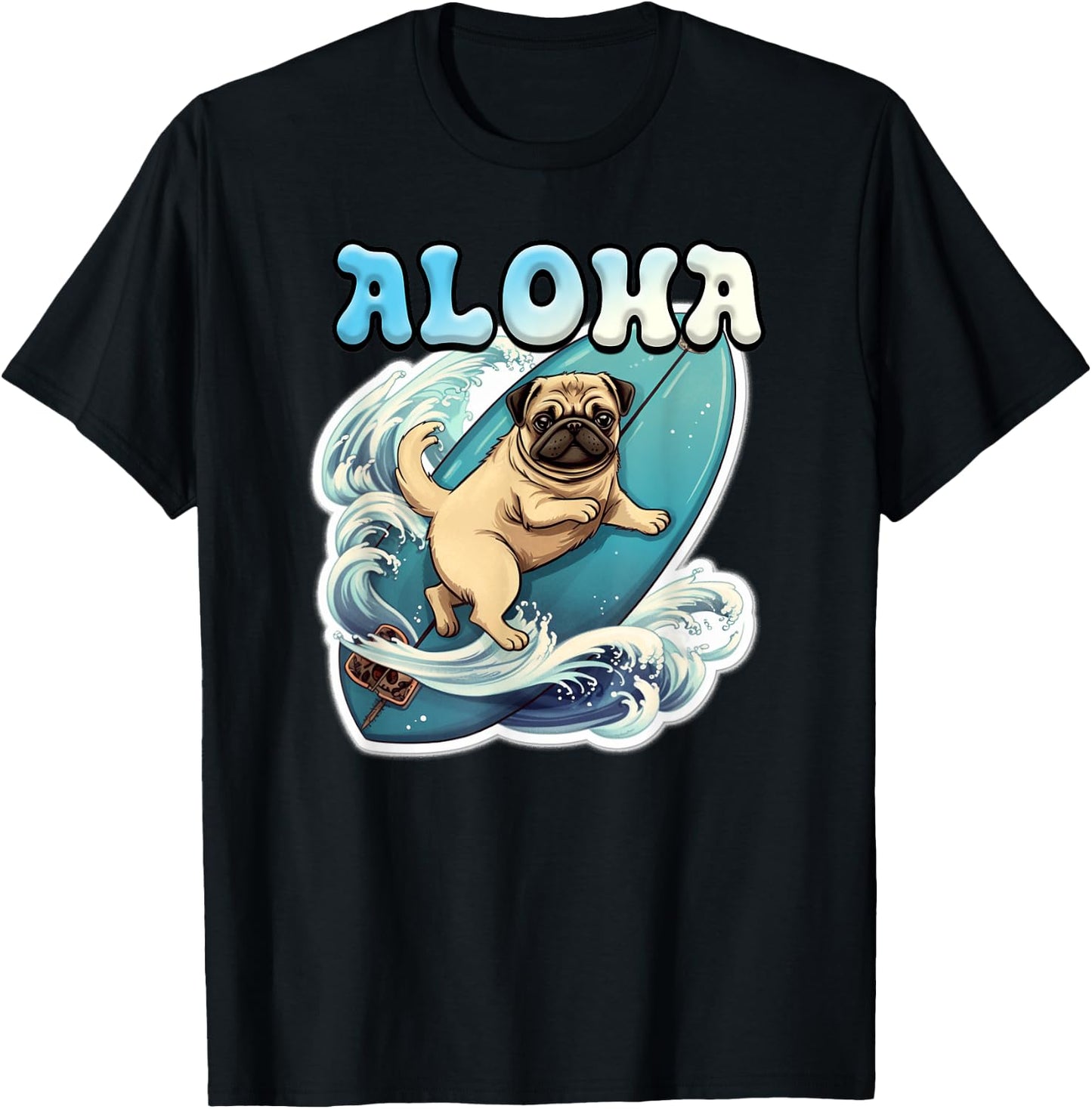 Pug Surfing - Aloha - Surf Board & Wave T-Shirt - T-Shirt | Black