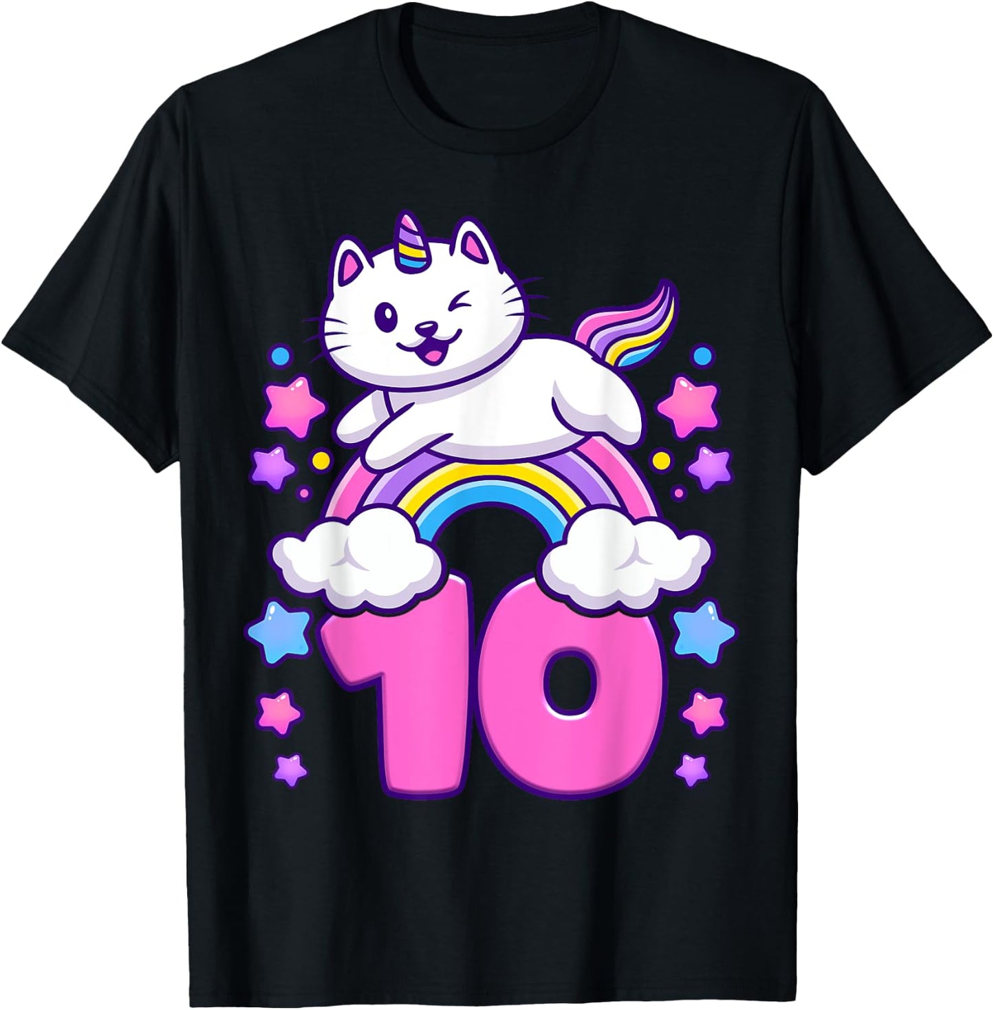 Birthday girl 10 years old, cat, unicorn, 10th birthday T-Shirt - T-Shirt | Black