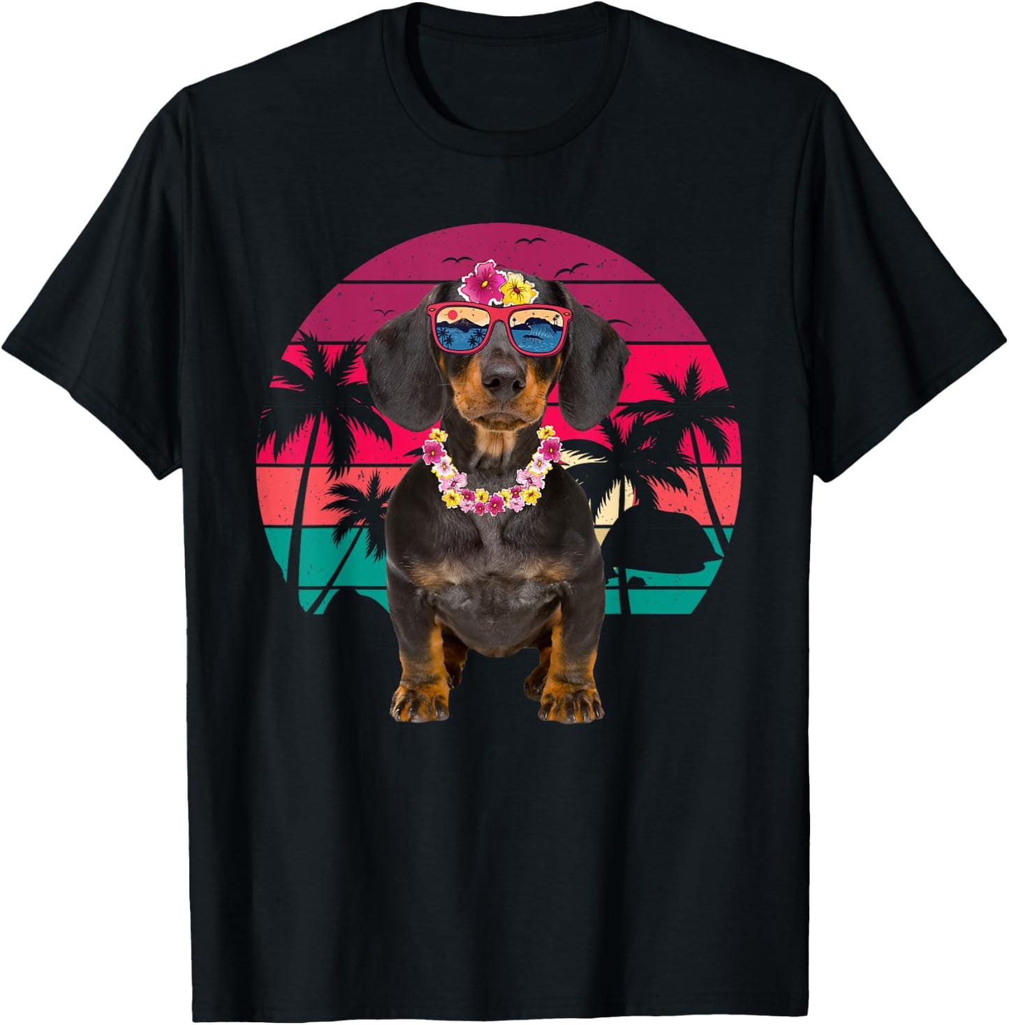 Retro Hawaiian Dachshund Dog Tropical Floral Summer Vibes T-Shirt - T-Shirt | Black