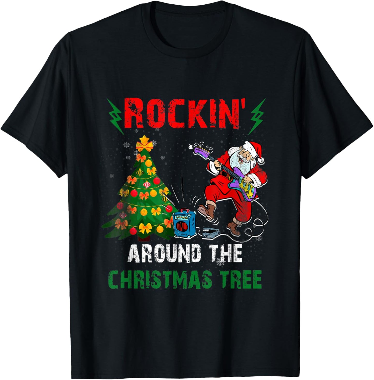 Rockin Around Christmas Tree Funny Rocker Santa Music T-Shirt - T-Shirt | Black