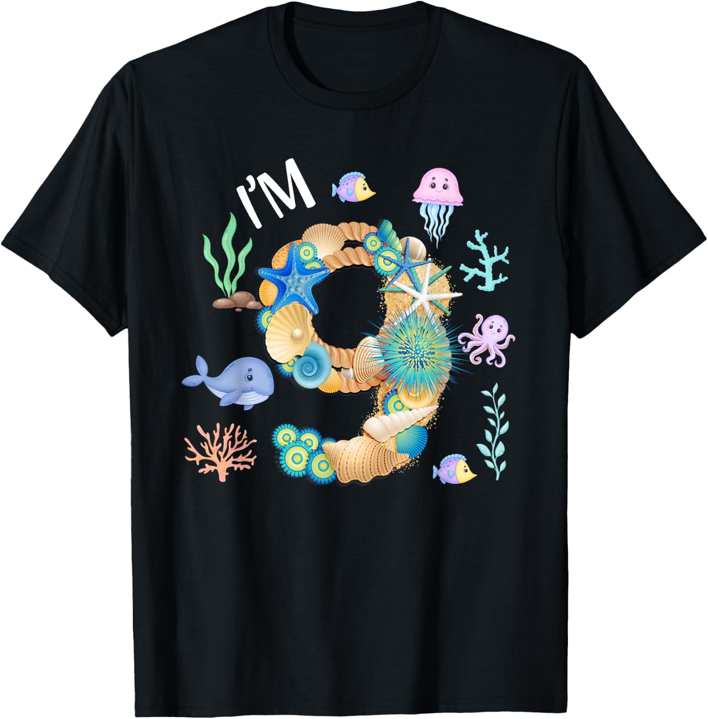 Under The Sea 9th Birthday Boy Whale Fish 9 Year Old Bday T-Shirt - T-Shirt | Black