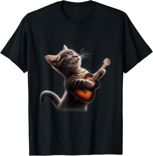 Cat Playing Guitar - Funny Rock Music Guitar Cat Women Kids T-Shirt - T-Shirt | Black