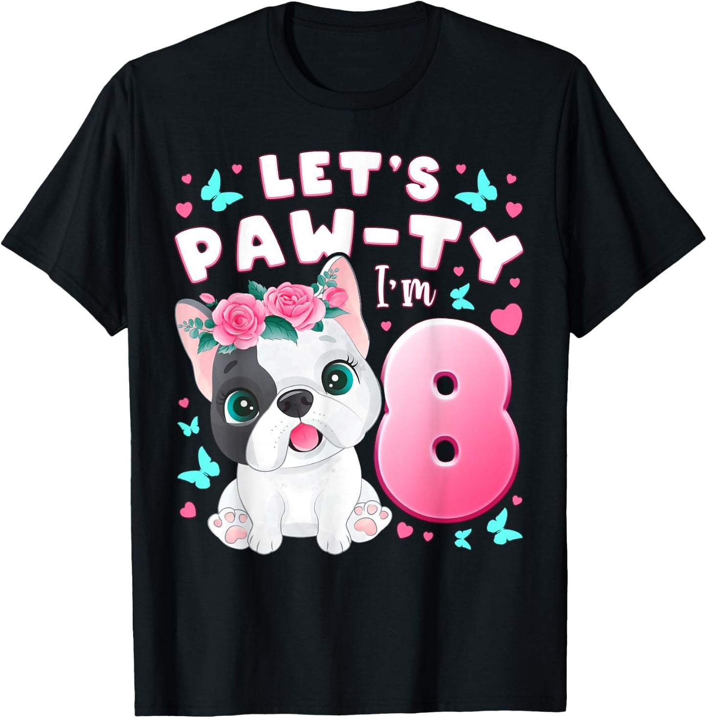 8th Birthday Girl 8 Years Dog Puppy Number 8 T-Shirt - T-Shirt | Black
