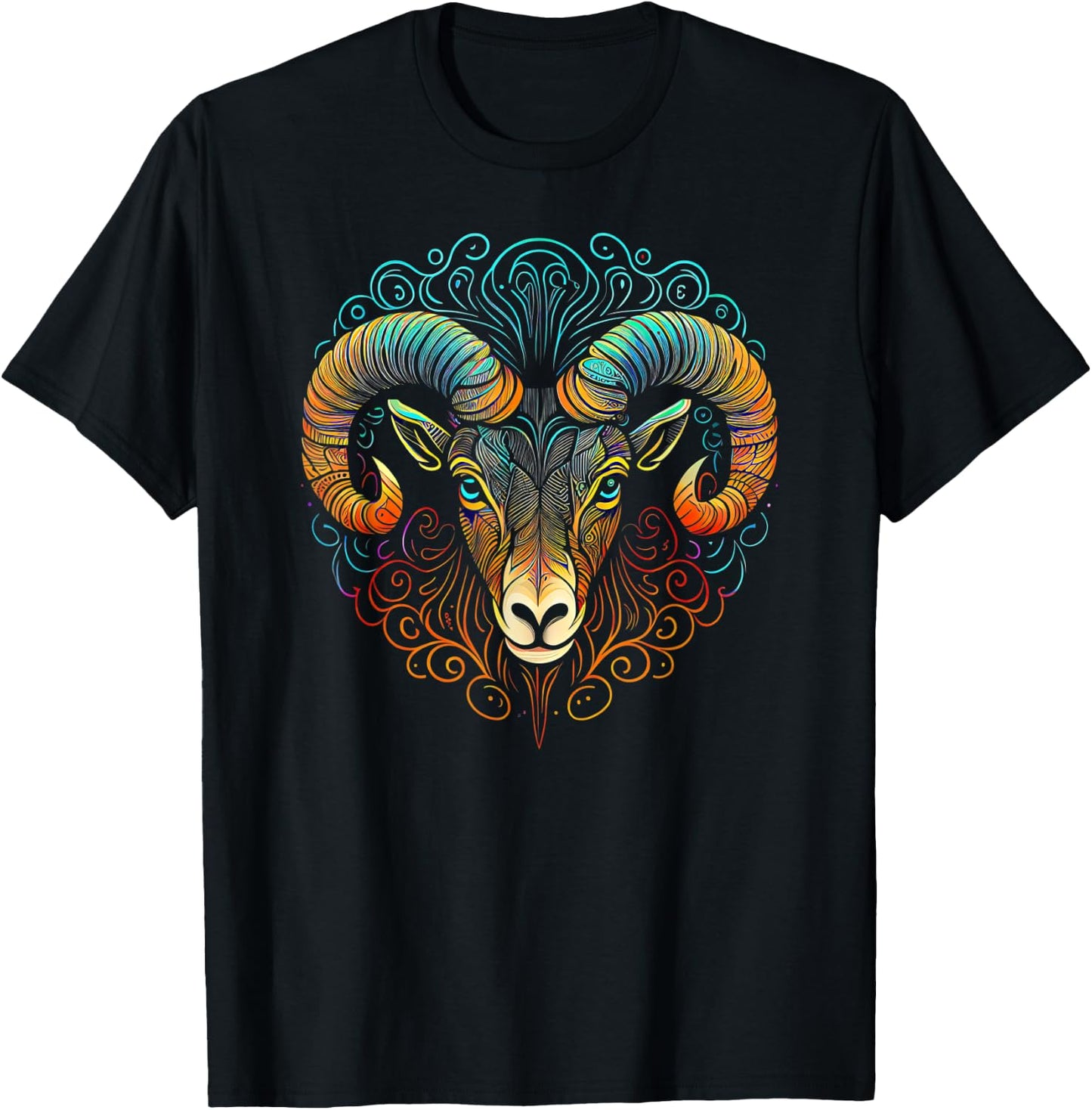 Ram Face and Head Colorful Mandala Pattern - Ram T-Shirt - T-Shirt | Black