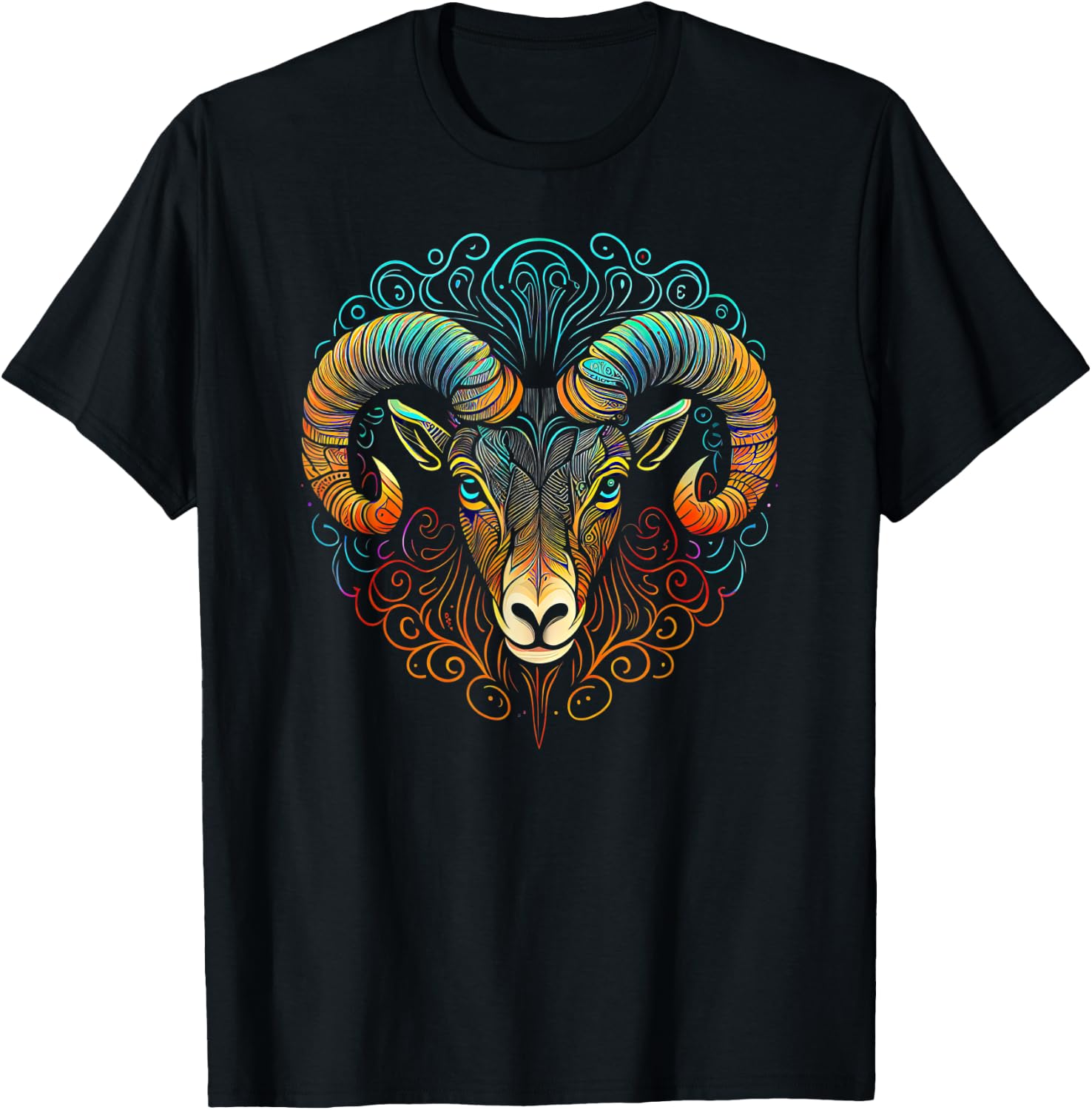 Ram Face and Head Colorful Mandala Pattern - Ram T-Shirt - T-Shirt | Black