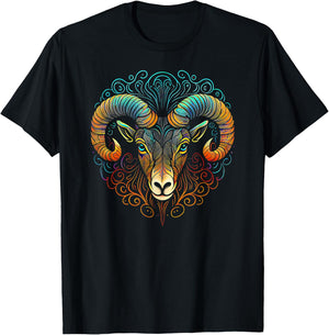 Ram Face and Head Colorful Mandala Pattern - Ram T-Shirt - T-Shirt | Black