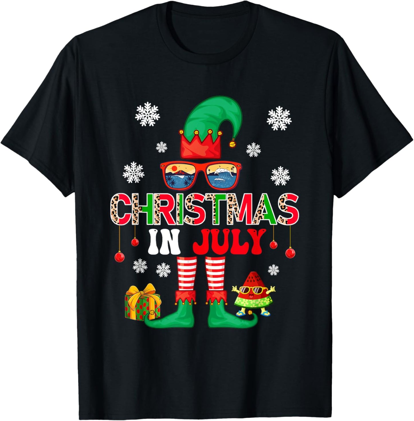 Christmas In July Costume Elf Sunglasses Beach Lover Family Men Women Kids T-Shirt - T-Shirt | Black