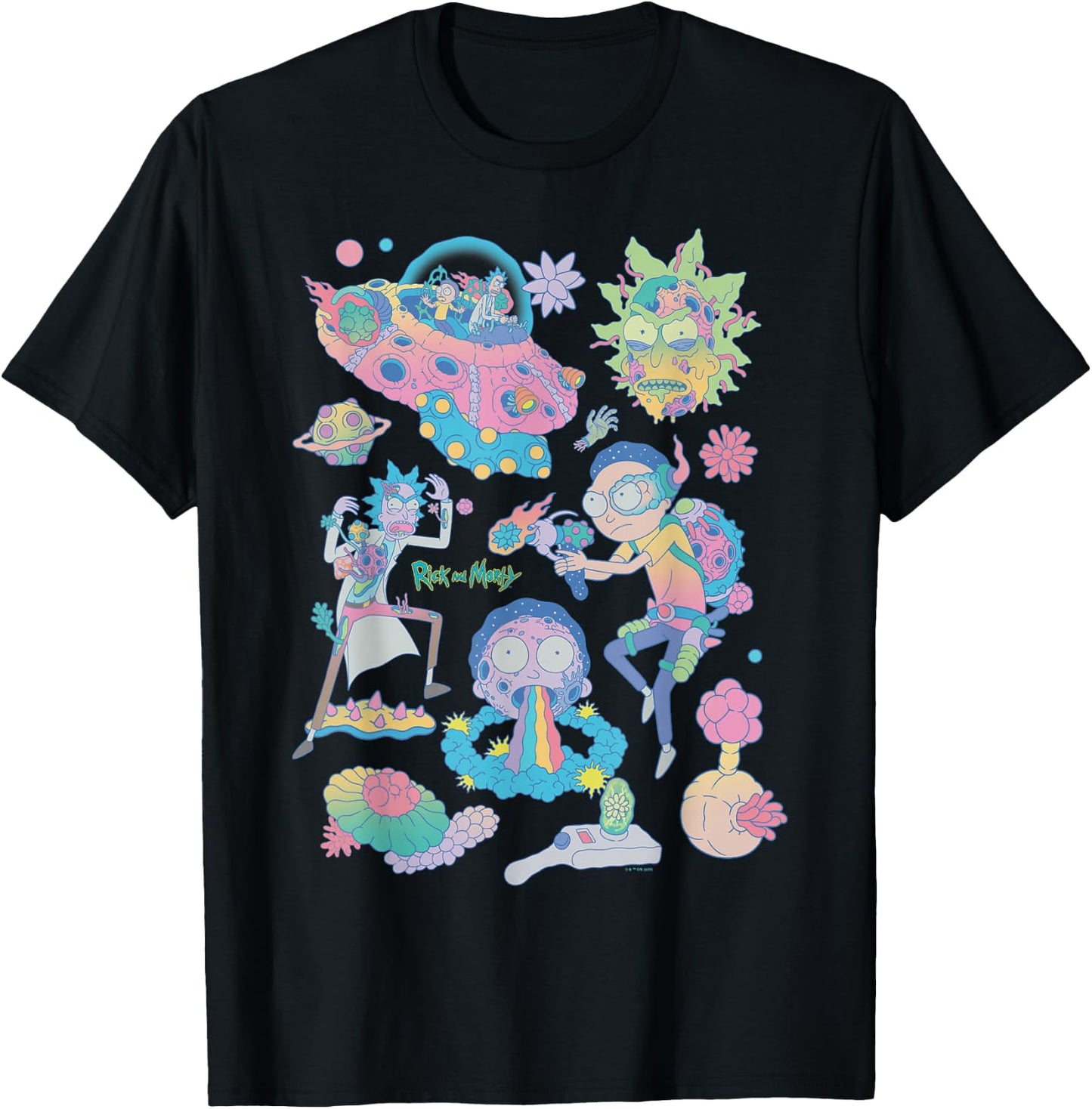 Rick and Morty Space Cruiser Pastel Alien Cartoon Fashion T-Shirt - T-Shirt | Black
