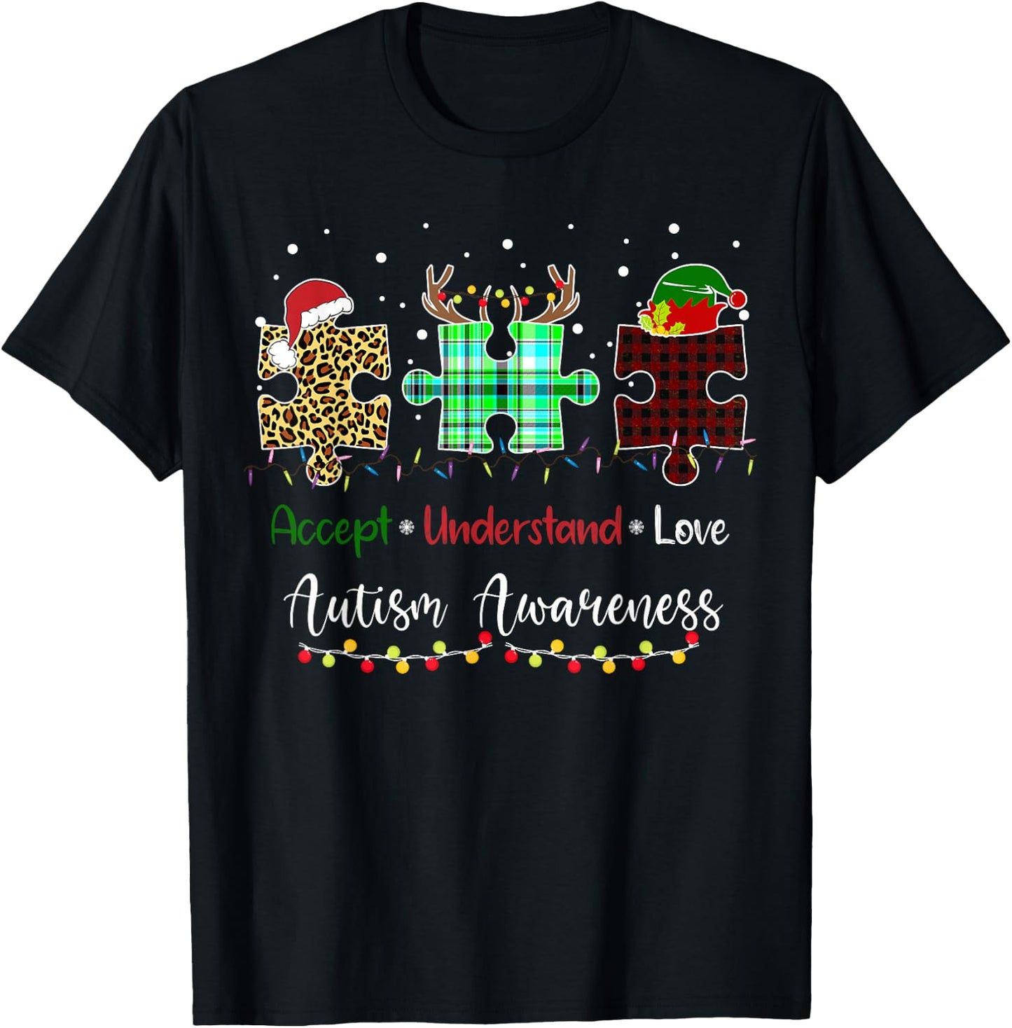 Accept Understand Love Autism Awareness Puzzle Christmas T-Shirt - T-Shirt | Black