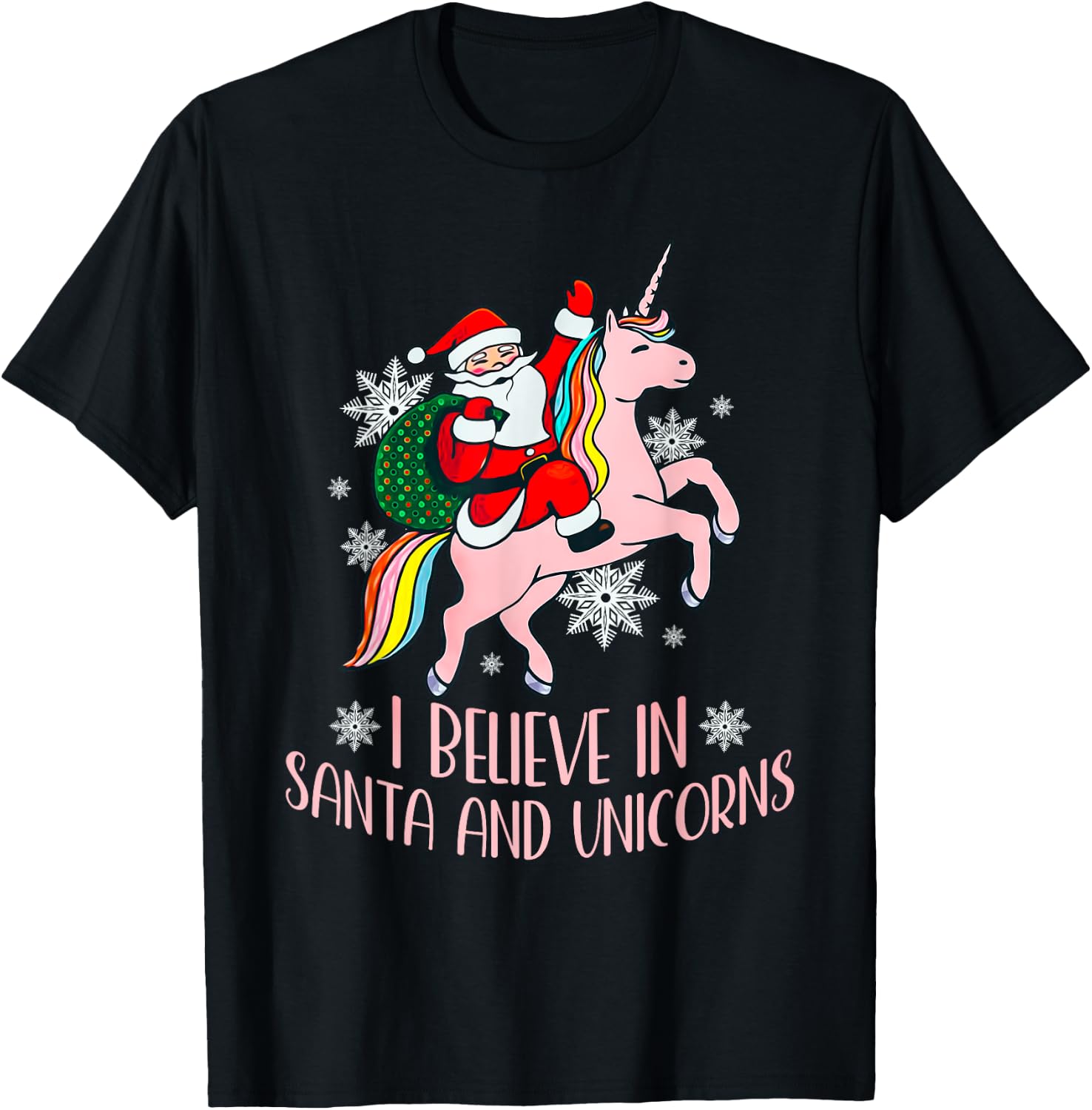 I Believe In Santa And Unicorns Funny Christmas T-Shirt - T-Shirt | Black