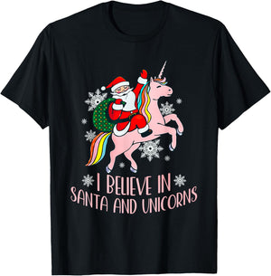 I Believe In Santa And Unicorns Funny Christmas T-Shirt - T-Shirt | Black