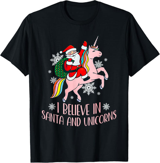 I Believe In Santa And Unicorns Funny Christmas T-Shirt - T-Shirt | Black