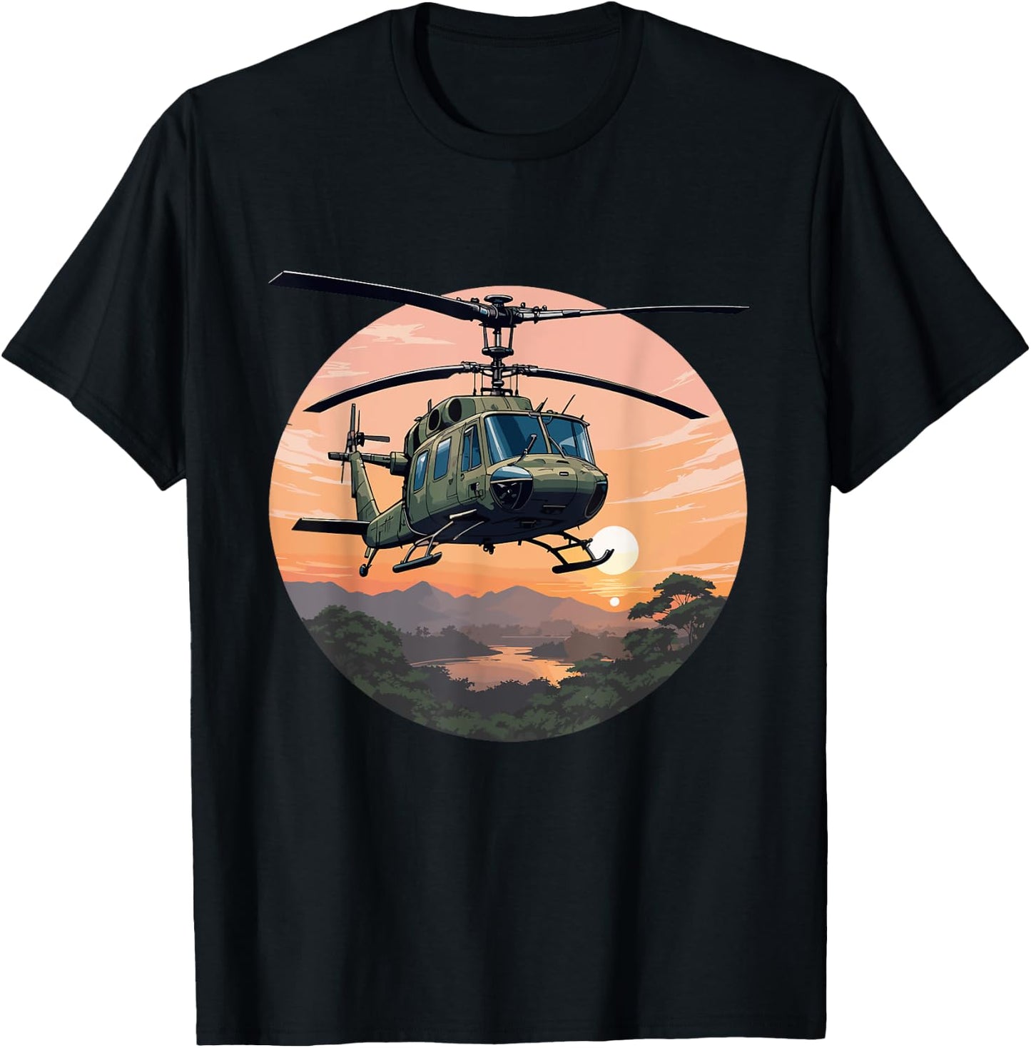 UH-1 Huey Helicopter Vintage Sunset Vietnam Chopper T-Shirt - T-Shirt | Black