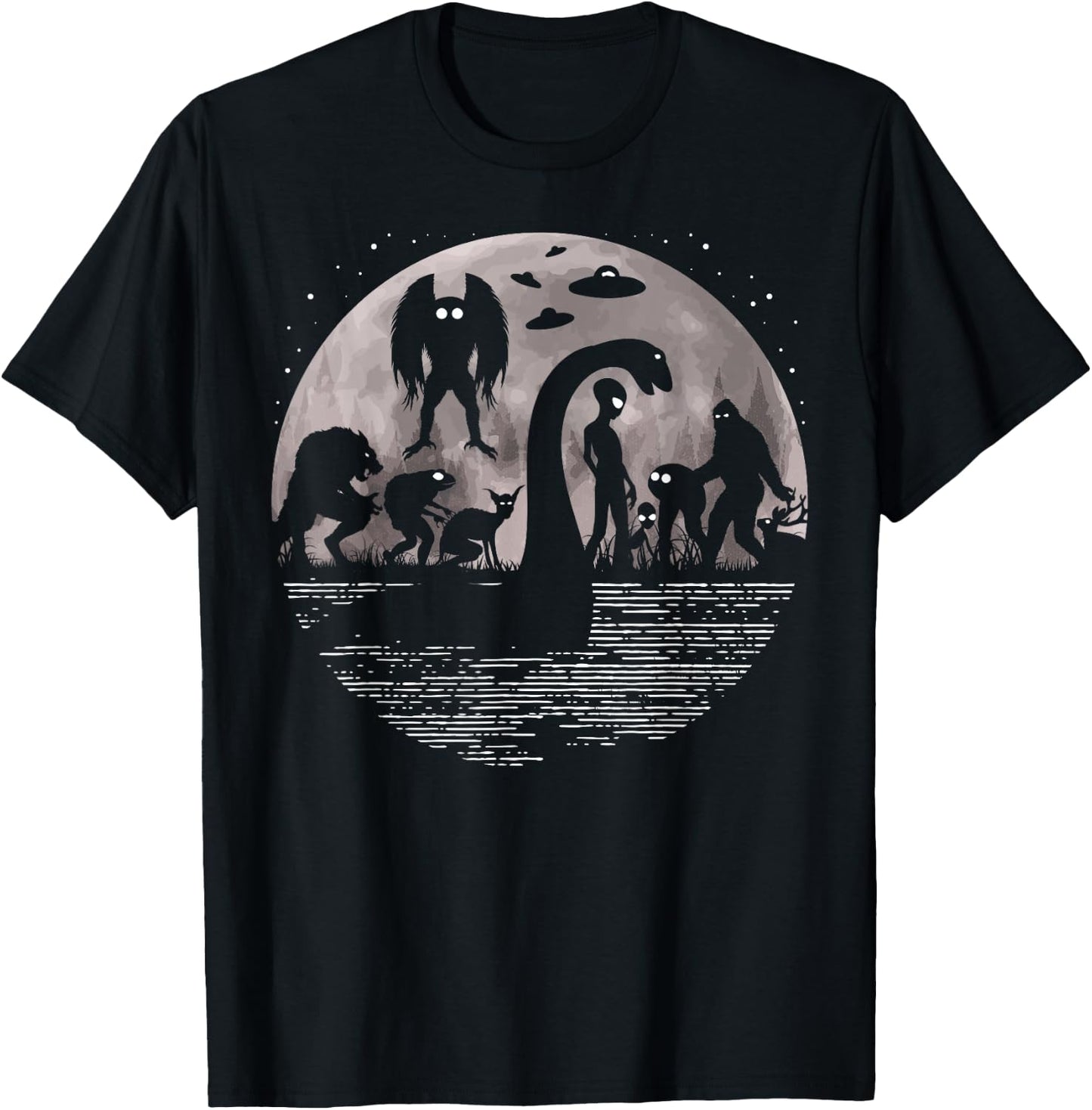 Bigfoot Loch Ness Monster Mothman And Aliens! Funny Cryptid T-Shirt - T-Shirt | Black