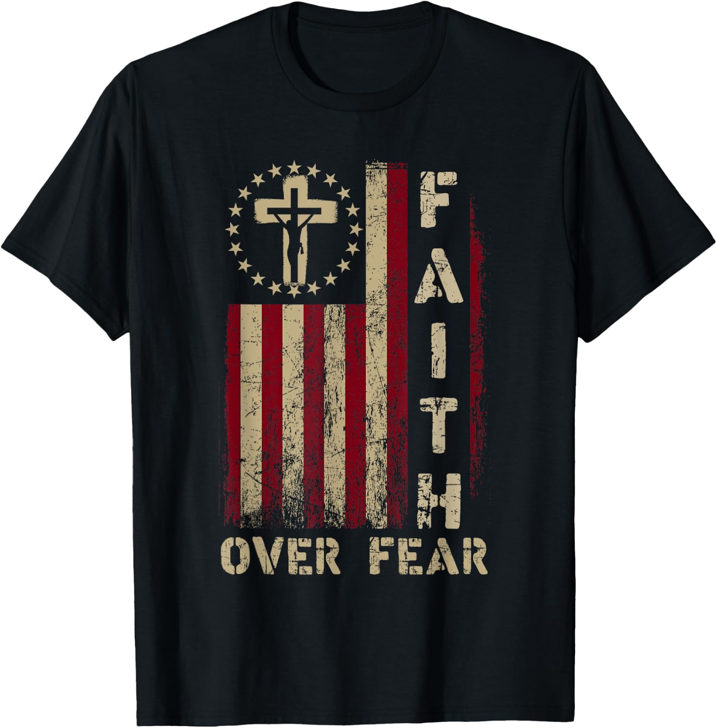 Faith Over Fears Cool Christian Cross USA Flag Women T-Shirt - T-Shirt | Black