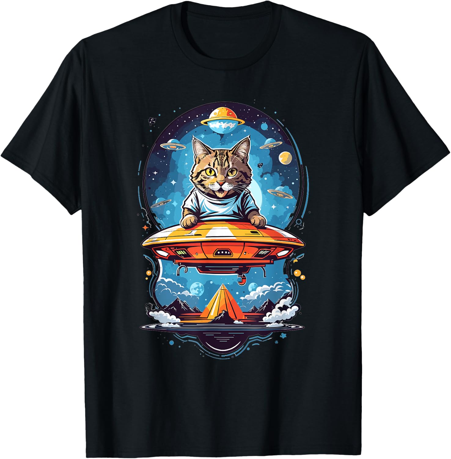 Aliens and UFO Cats Cute Cat Abducted By UFO Graphic - Black - -Adults/Kids - Short Sleeve - Small - Classic Fit - Cotton 50% Polyester 50% T-Shirt - T-Shirt | Black