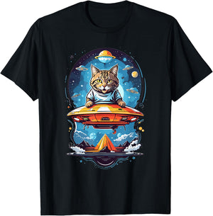 Aliens and UFO Cats Cute Cat Abducted By UFO Graphic - Black - -Adults/Kids - Short Sleeve - Small - Classic Fit - Cotton 50% Polyester 50% T-Shirt - T-Shirt | Black