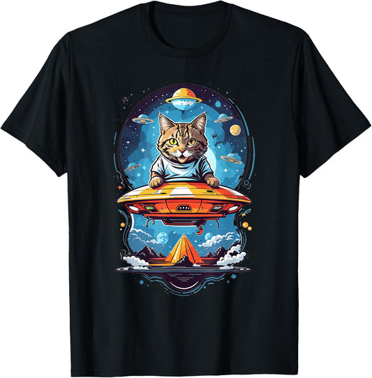 Aliens and UFO Cats Cute Cat Abducted By UFO Graphic - Black - -Adults/Kids - Short Sleeve - Small - Classic Fit - Cotton 50% Polyester 50% T-Shirt - T-Shirt | Black