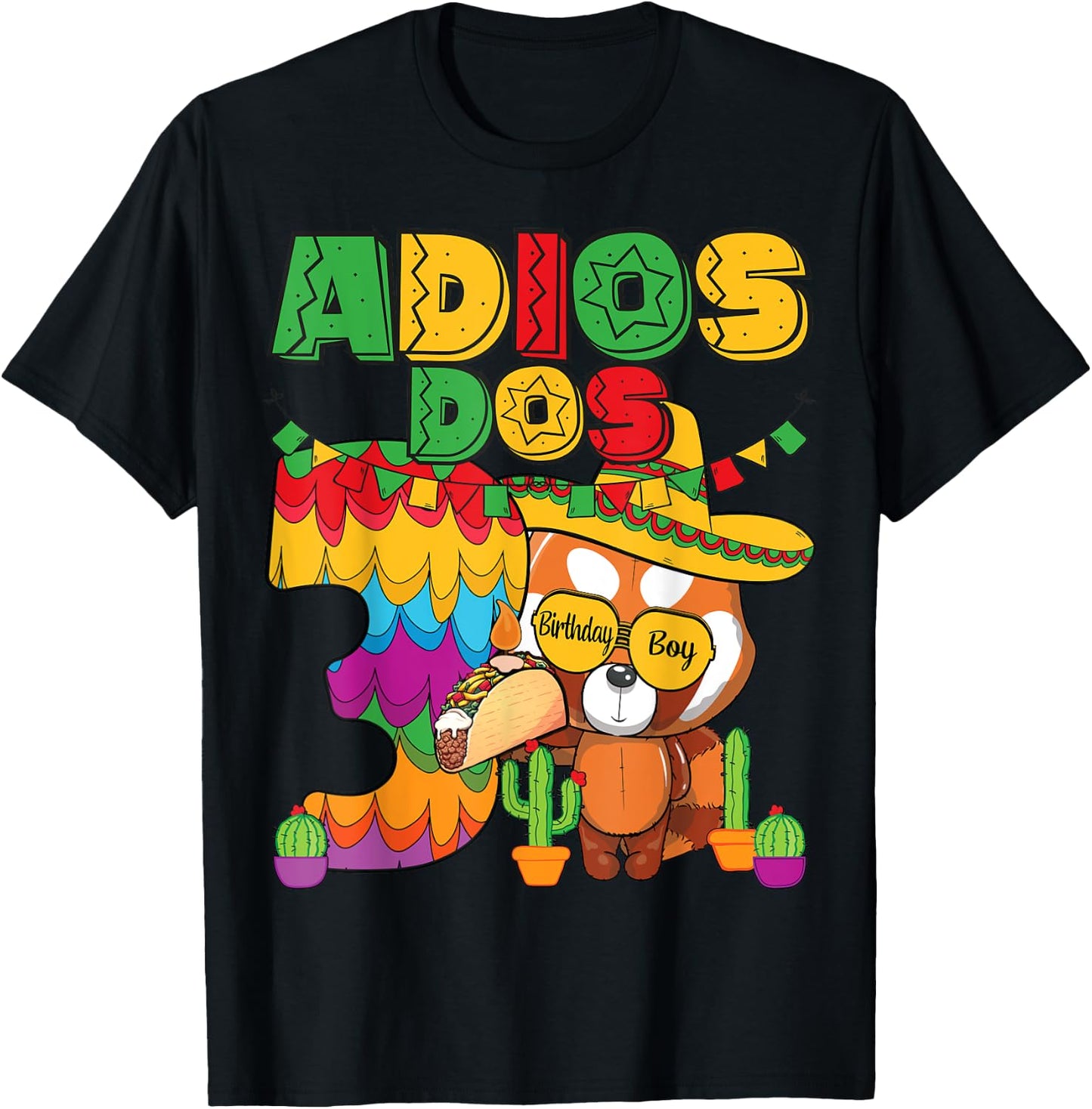 Adios Dos 3 Year Old Boys Birthday Mexican Fiesta Theme T-Shirt - T-Shirt | Black