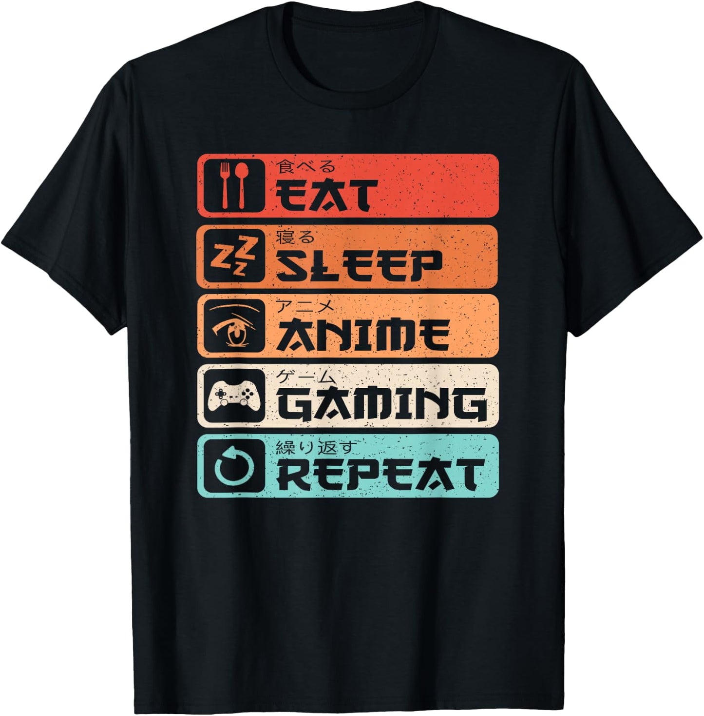 Eat Sleep Anime Gaming Repeat Otaku Manga Men Boys Retro T-Shirt - T-Shirt | Black