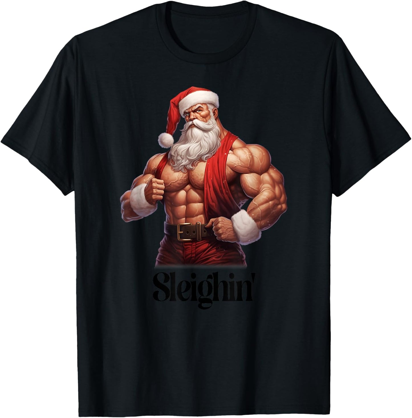 Buff Santa Workout Santa Claus Gym Muscles Sleighin' T-Shirt - T-Shirt | Black