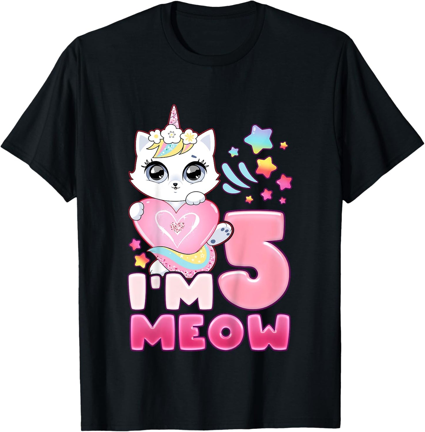 Birthday girl 5 years old, cat, unicorn, 5th birthday T-Shirt - T-Shirt | Black