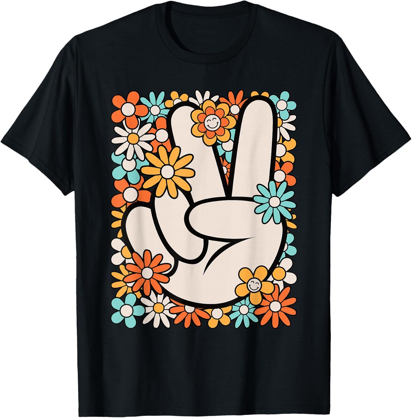 Hippie Peace Hand Sign Groovy Flower 60s 70s Men Women Kids T-Shirt - T-Shirt | Black