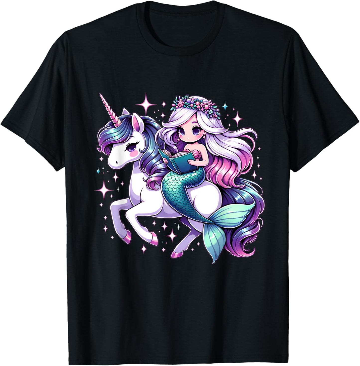 Unicorn kisses Mermaid wishes | reading books Birthday Girl T-Shirt - T-Shirt | Black