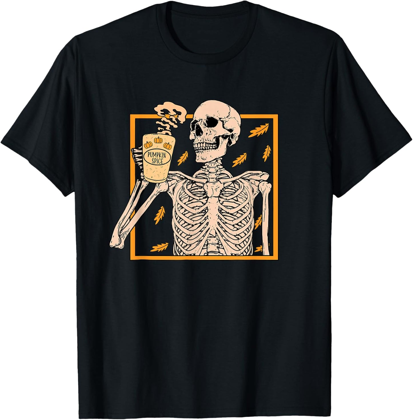 Skeleton Drinking Coffee Pumpkin Spice Latte Autumn Coffee T-Shirt - T-Shirt | Black
