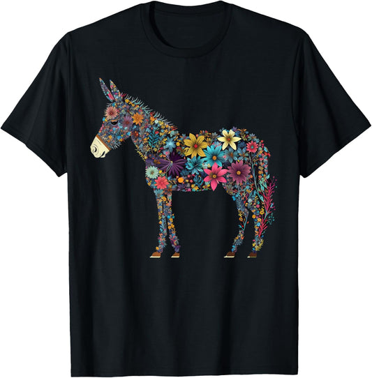 Cute Flower Donkey on summer Floral Donkey T-Shirt - T-Shirt | Black