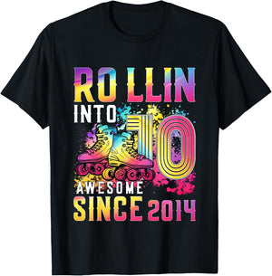 Roller Skates 10th Birthday Girl Rollin Into 10 Awesome 2014 T-Shirt - T-Shirt | Black