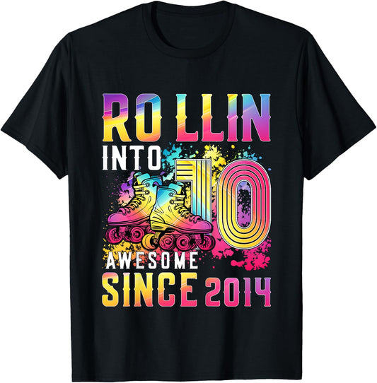 Roller Skates 10th Birthday Girl Rollin Into 10 Awesome 2014 T-Shirt - T-Shirt | Black