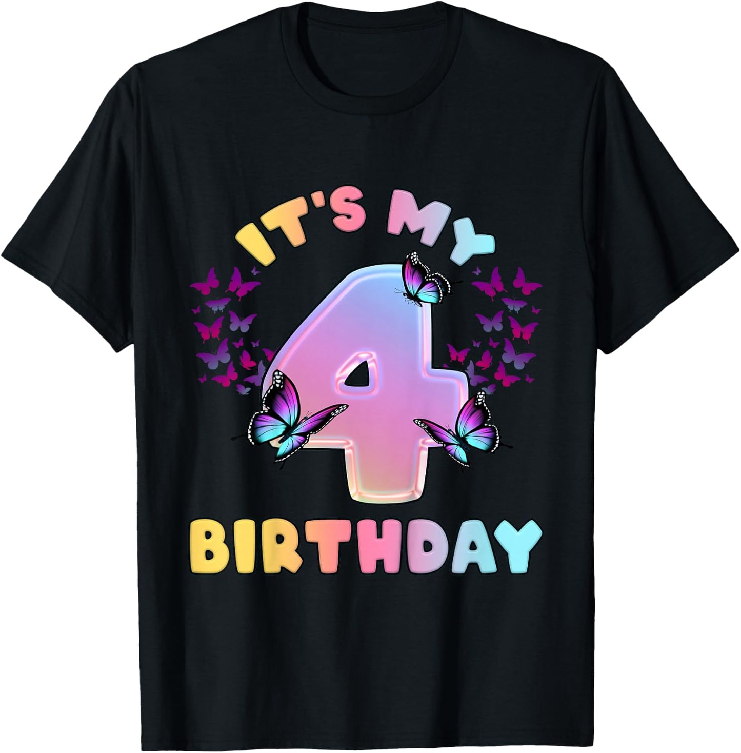 Birthday Girl 4 Years Old Butterfly T-Shirt - T-Shirt | Black