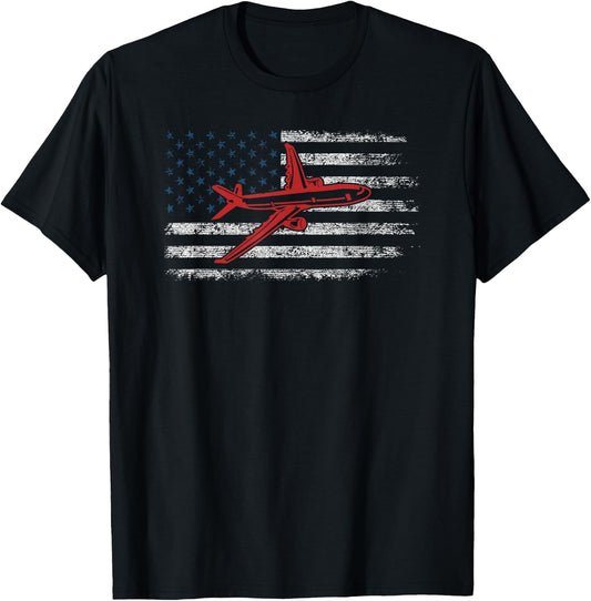 US Flag Airplane Patriotic American Pilot 4th of July T-Shirt - T-Shirt | Black