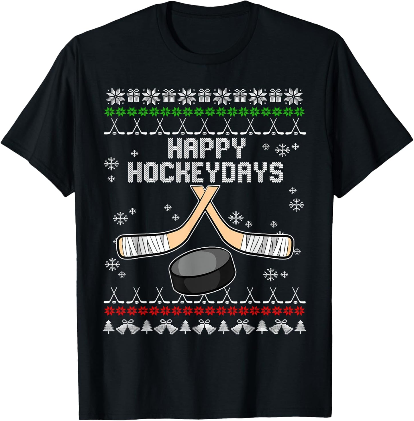 Happy Hockeydays Ugly Christmas Pajama Cool Hockey Pun X-Mas T-Shirt - T-Shirt | Black
