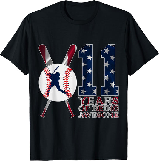 11 Years of Being Awesome Baseball 11th Birthday T-Shirt - T-Shirt | Black