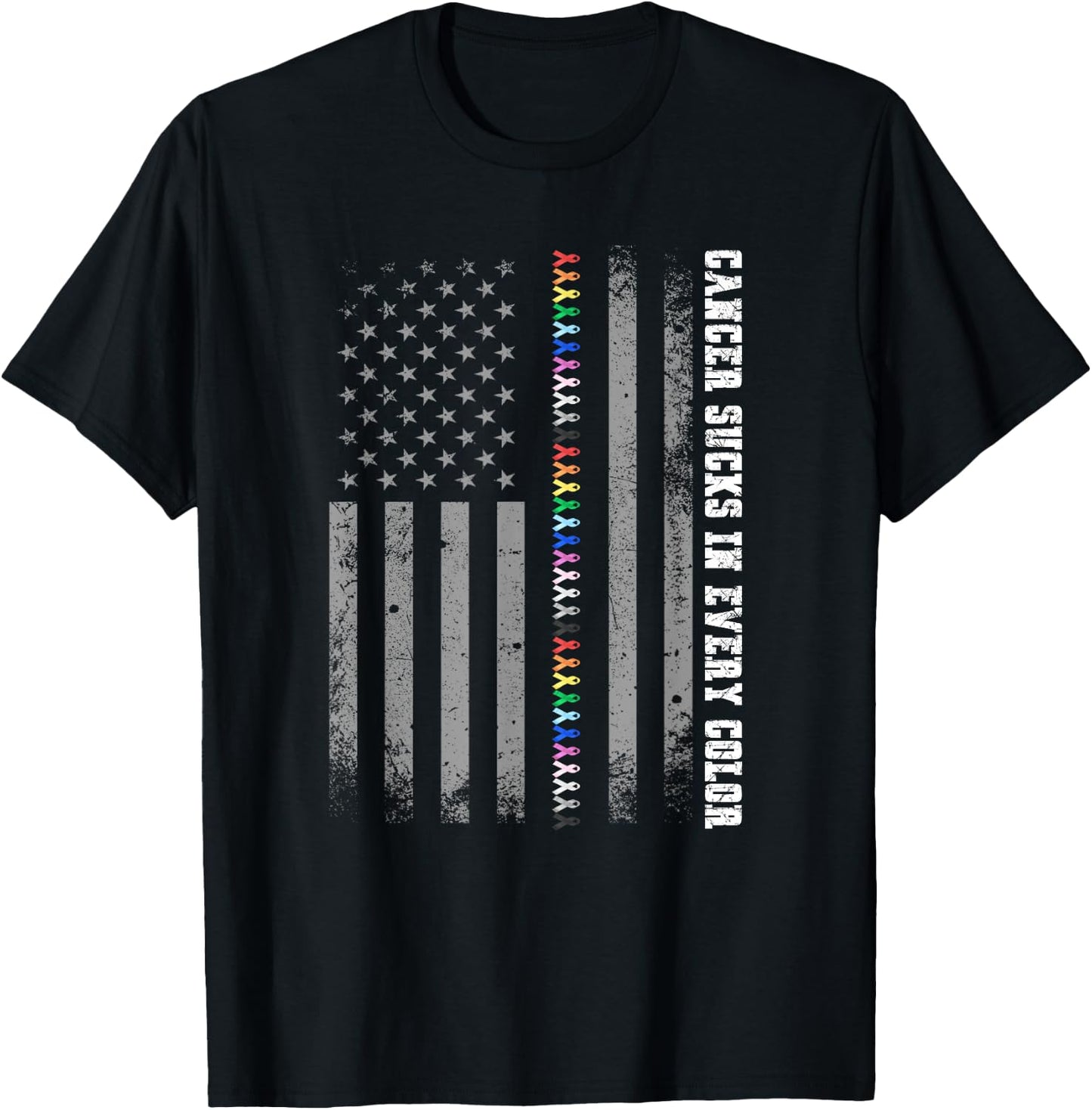 Cancer Sucks In Every Color Fighter American Flag Ribbons T-Shirt - T-Shirt | Black