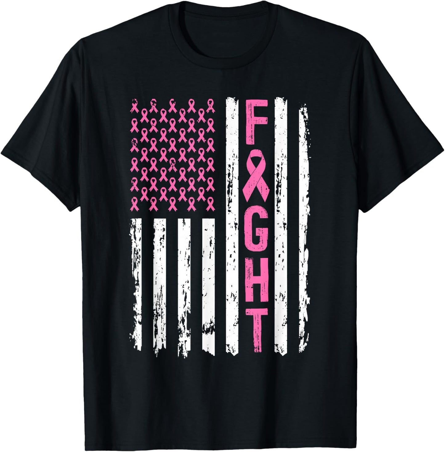 Fight Breast Survivor American Flag Breast Cancer Awarenes T-Shirt - T-Shirt | Black