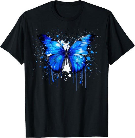 Blue Morpho Butterfly Paint Splatter, Lepidopterology Morpho T-Shirt - T-Shirt | Black