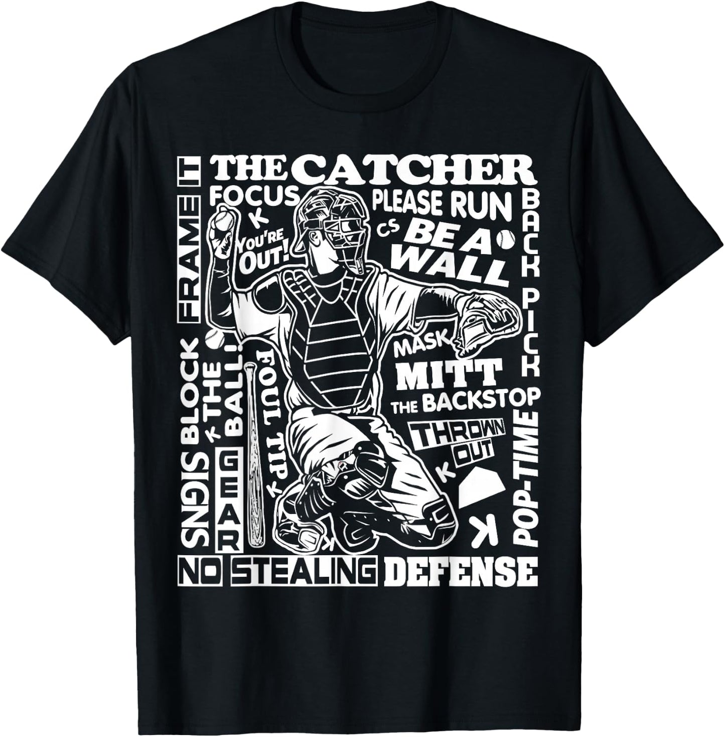 Baseball Softball Catcher Word Art Sayings Catcher Gifts T-Shirt - T-Shirt | Black