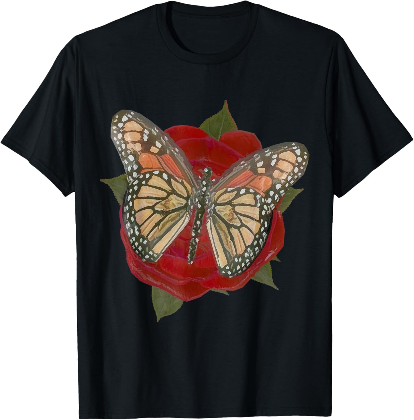 Rose Red Flower Orange Black Monarch Butterfly Graphic Print T-Shirt - T-Shirt | Black
