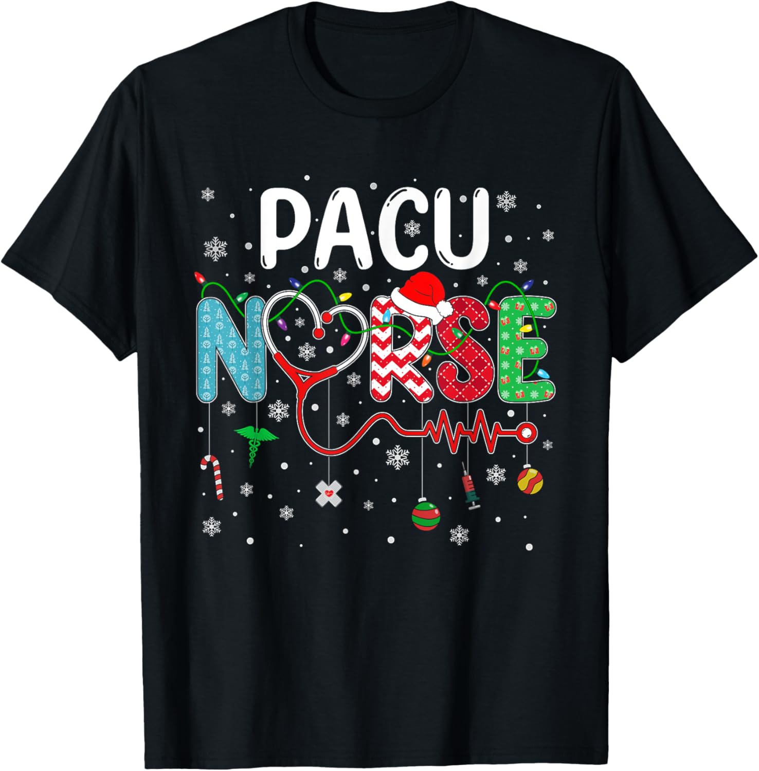 Merry Christmas Nurse Funny PACU Nurse Christmas Pattern T-Shirt - T-Shirt | Black