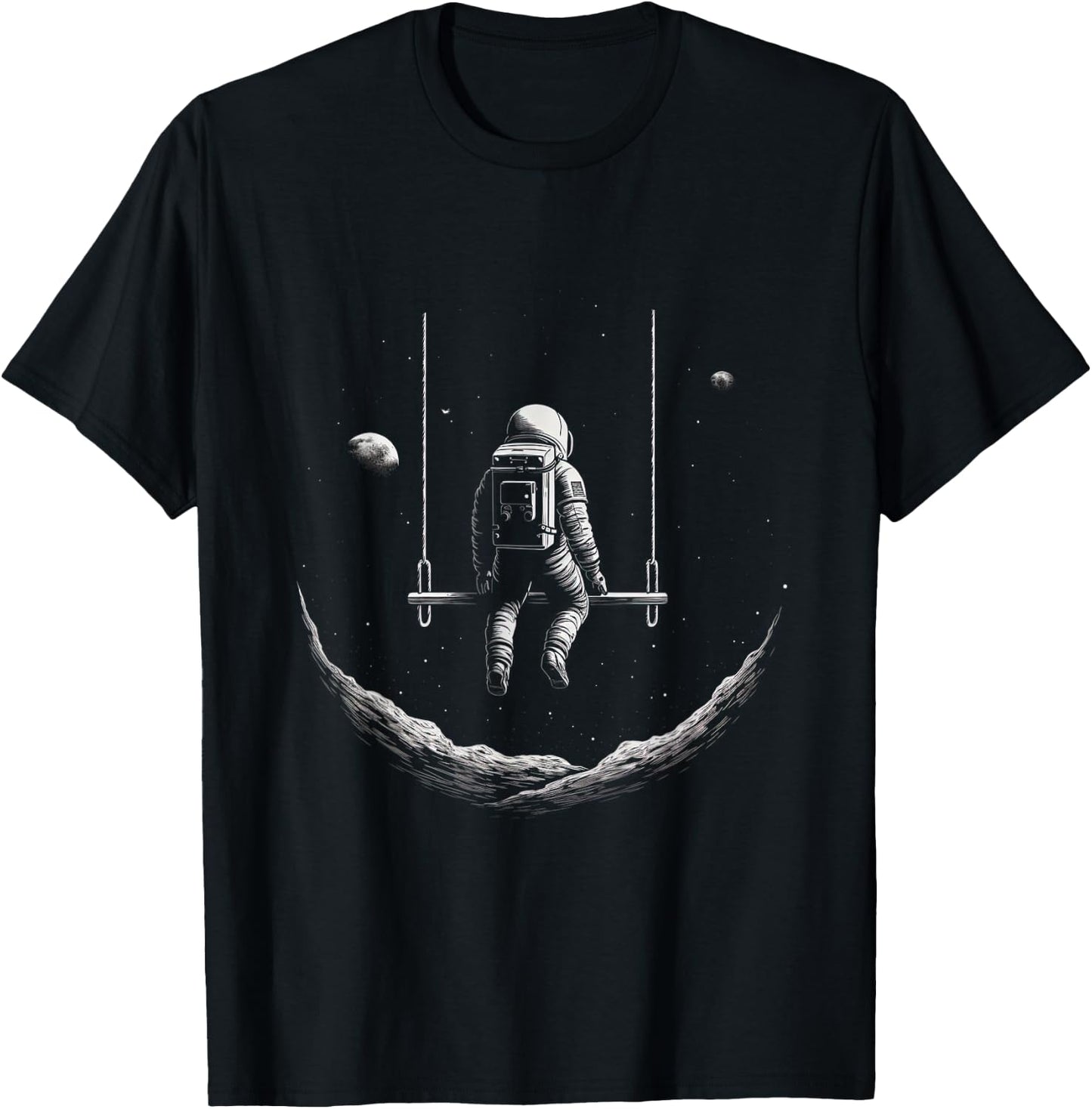 Astronaut Sitting on a Swing in Space Stars Moon T-Shirt - T-Shirt | Black