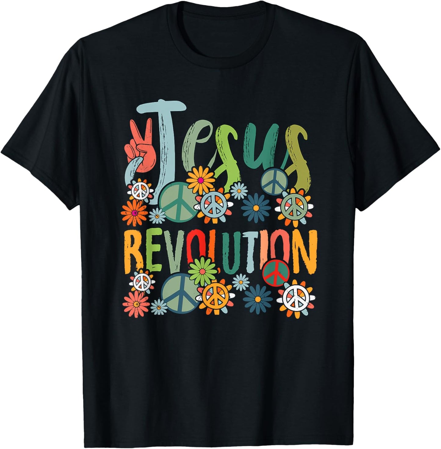 Jesus Revolution Faith Retro Groovy Flower Peace Sign T-Shirt - T-Shirt | Black