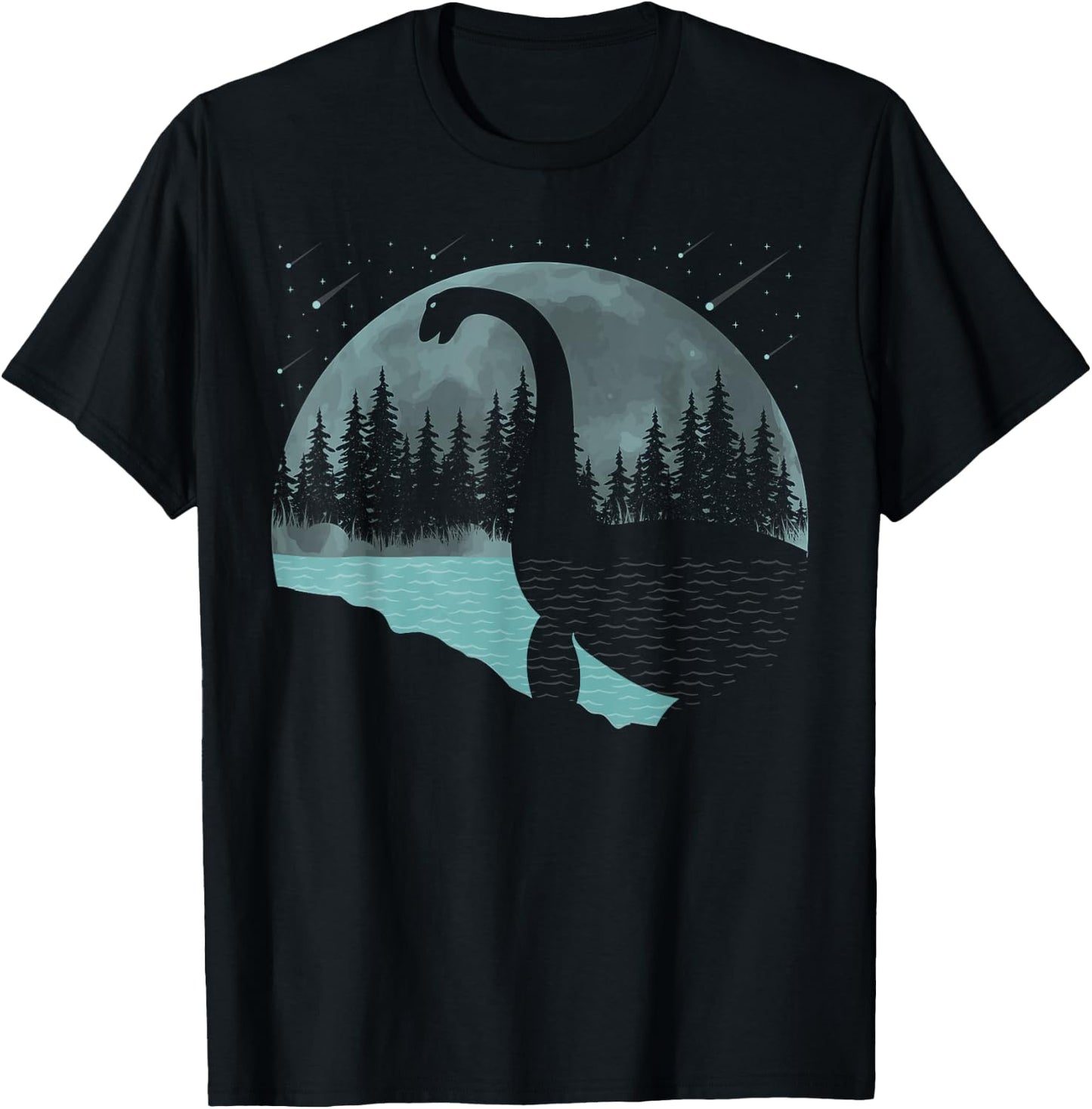 Loch Ness Monster Graphic Full Moon Trees And Stars! Nessie T-Shirt - T-Shirt | Black