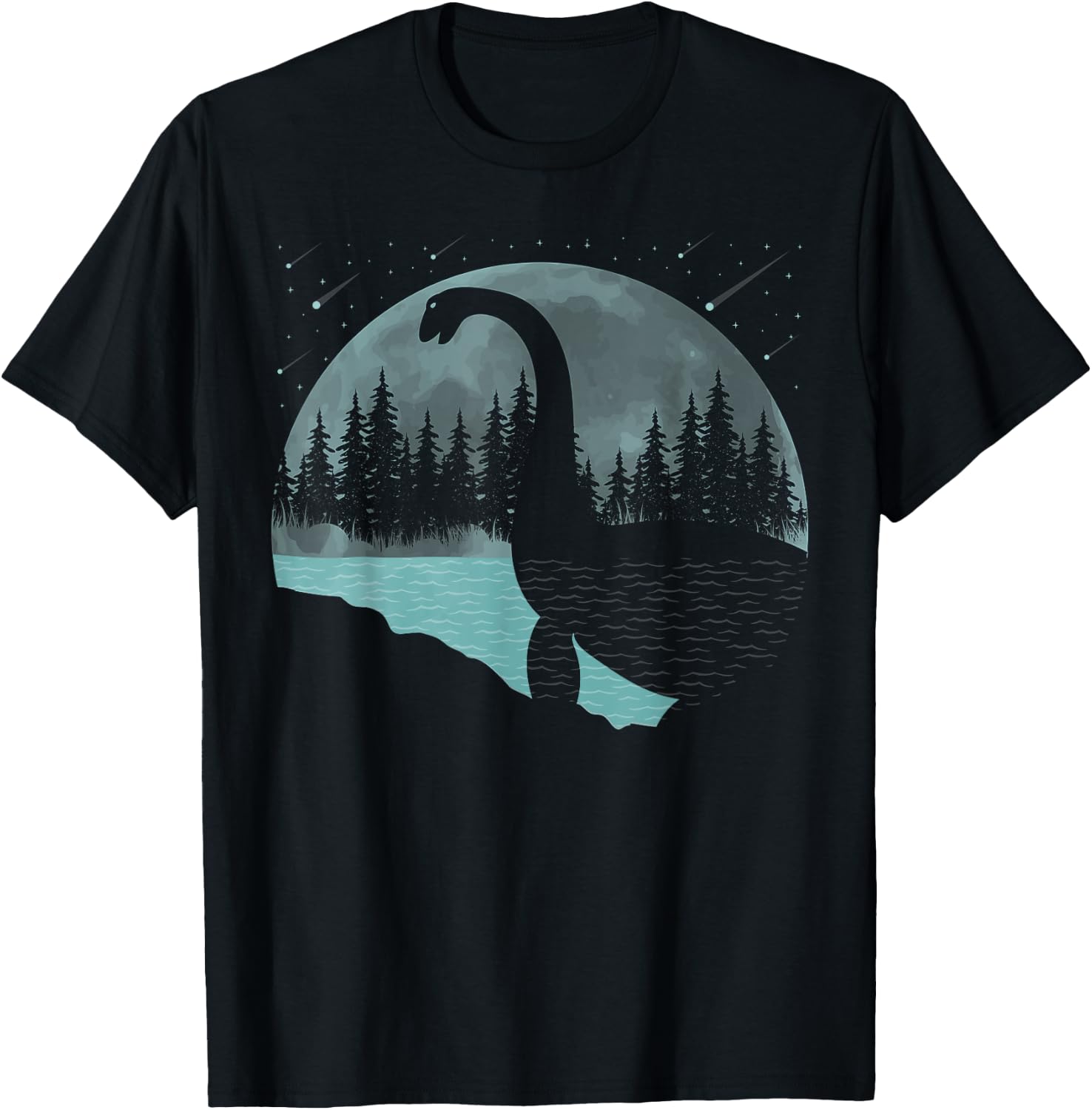 Loch Ness Monster Graphic Full Moon Trees And Stars! Nessie T-Shirt - T-Shirt | Black